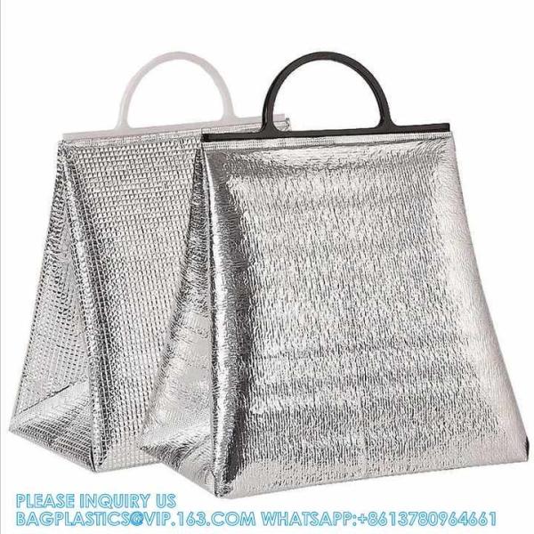 Aluminum Foil Insulated Tote Bags With Plastic Handle Reusable Cooler And Thermal Bag For Food Carry