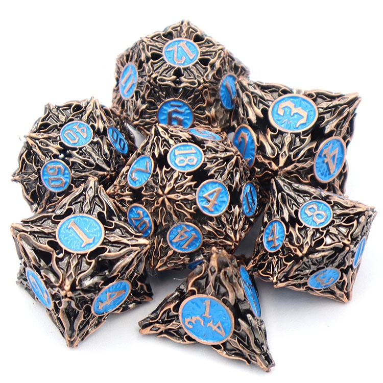 Custom Brass Hollow Dice Set with Polyhedral Design and Personalized Logo for DND Games