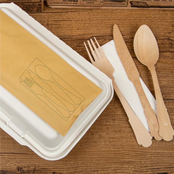 Biodegradable Disposable 200mm Wooden Knife Fork Spoon Birch Wood With Napkin Wrapped