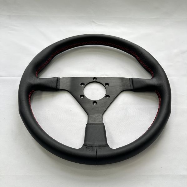DELUXON 350mm Dia Racing Steering Wheel With 36mm Dish , Black Microfiber Leather , 5 MM 6061 Aluminum Alloy Black Spoke,Red