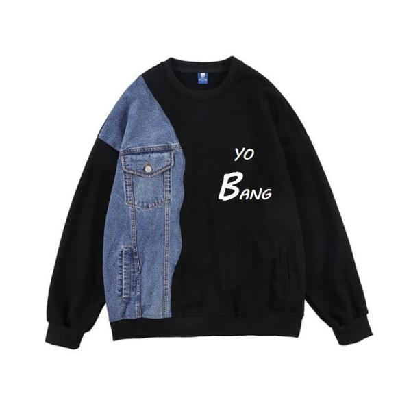 100% cotton fabrics Skate Clothes Denim Stitched Sweater Women'S Round Tie Pocket