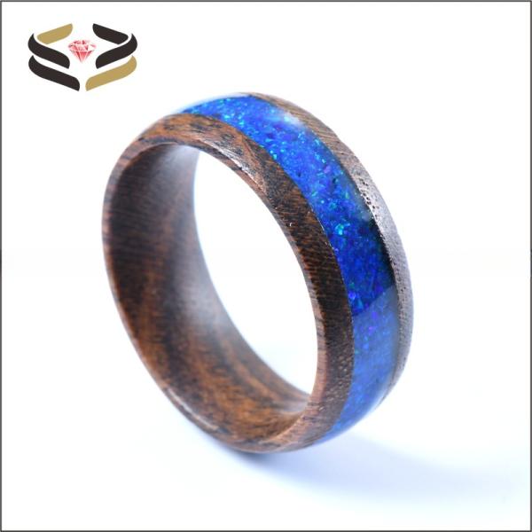 Anillos de madera de ébano dorado tipo perla de 8 mm con incrustaciones de ópalo azul