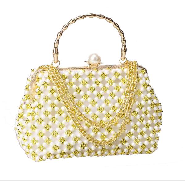 Gold Pearl Beaded Evening Bags Hand Woven with Metal Wrist OEM ODM