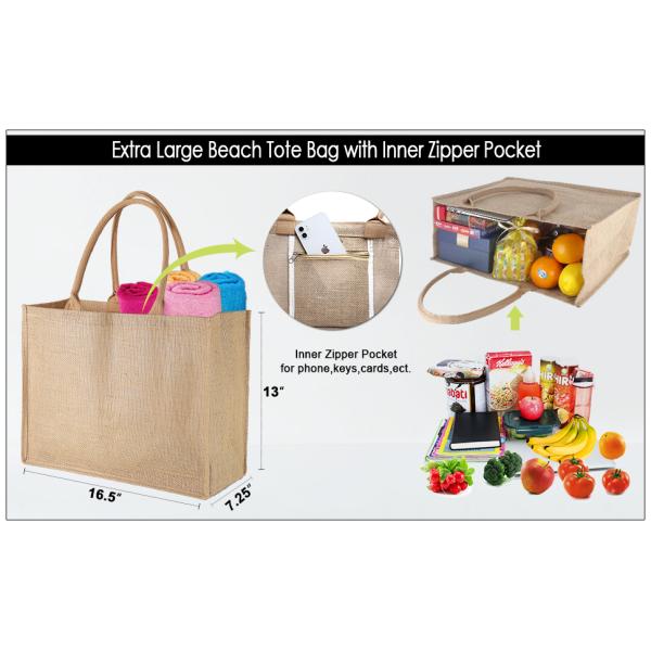 Burlap Tote Bags Bulk Laminated Interior Jute Tote Bag Full Gusset With Inner Zipper Pocket, DIY Art Crafts