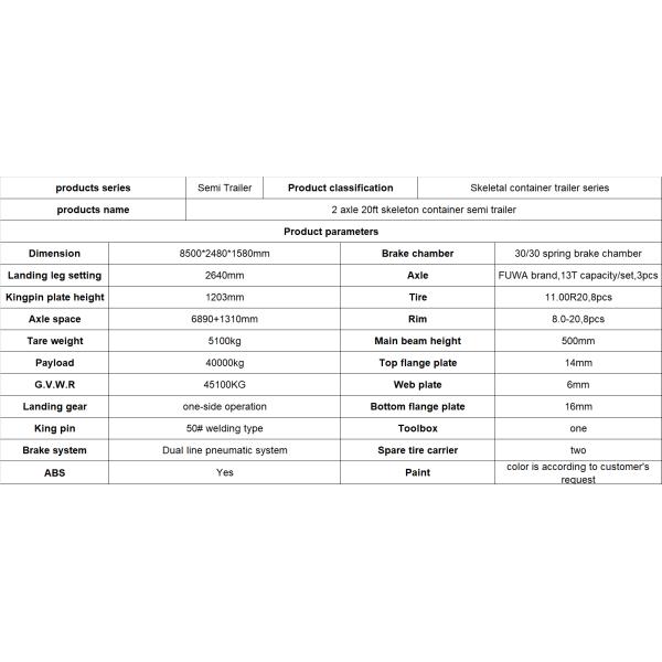 CIMC 2 Axle Skeletal Semi Trailer for 20ft Container 28T Landing Gear 13T Axle Included