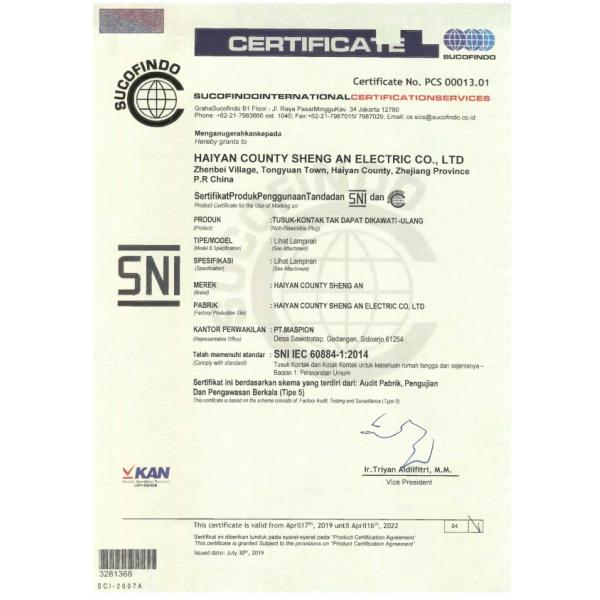 SH-67 Female End Type SNI Certificated 250v 10A Flame Retardant PVC Power Cord with Good Selling and SNI Certification