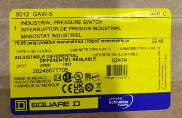 Schneider Electric 9012GAW5 Interruptor de presión de grado industrial 30 ̊275 Psi IP65