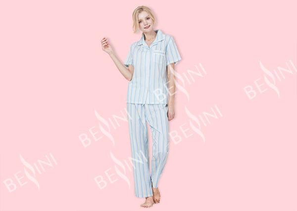 Striped Ladies Short Sleeve Pajama Sets , Lace Trimmed Women'S Sleepwear Sets