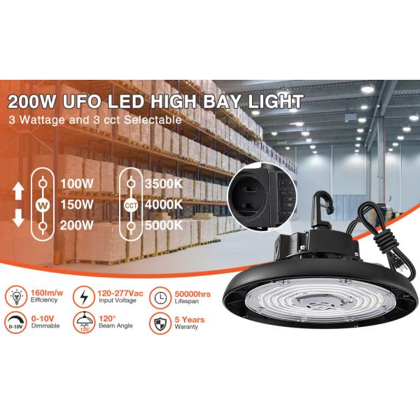 5000K Алюминиевый сплав LED UFO Highbay Light 22500lm-36000lm Снижаемый 100W-240W 120° луч