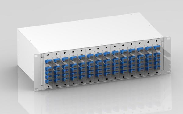3U 19 optical PLC splitter chasis with14 separate slots 2/4/8 way plug and play LGX cassettes, pre-loaded with SC APC