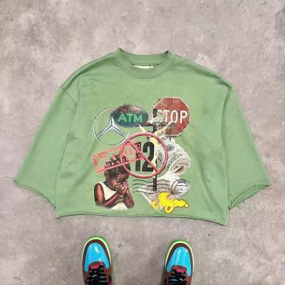 camiseta gráfica preta cortada homens 3/4 Camisa de manga pesada Impressa Corte em bruto Curva Hem Boxy