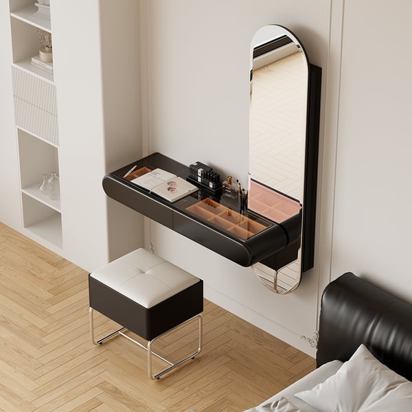 Villa Bedroom Small Black Makeup Vanity Desk With Drawers And LED Lights