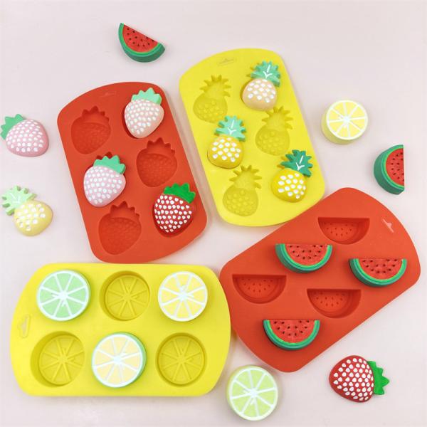 4 Pack Fruit Shaped Silicone Mold Pineapple Lemon Watermelon Strawberry Chocolate Candy Baking Mould 3D Summer Fruit Ice Mold For DIY Jelly Fondant Soap Gummy Cake Cupcake Topper Decoration