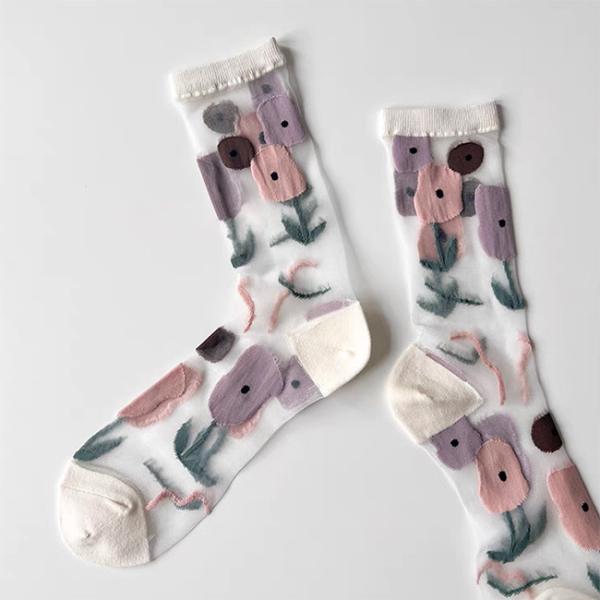 Chic Custom Flower Jacquard Crystal Socks Women'S Summer Wear Transparent Socks