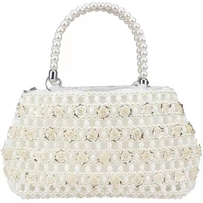White 6mm Pearl Clutch Handbag Hand Woven Gold Rose shape OEM ODM