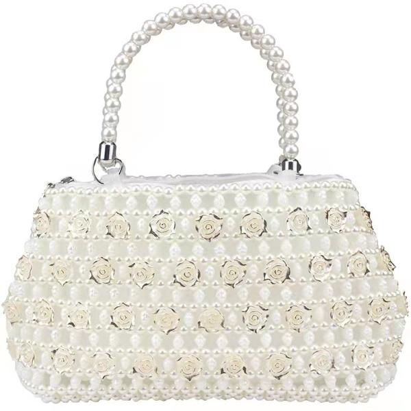 White 6mm Pearl Clutch Handbag Hand Woven Gold Rose shape OEM ODM