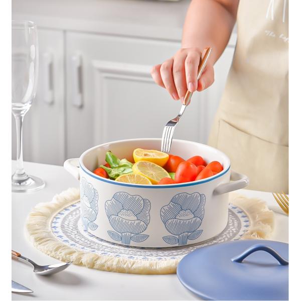 Sustainable Floral Green Ceramic Pan Soup Bowl Set with Glass Cover and Pot Cover Type