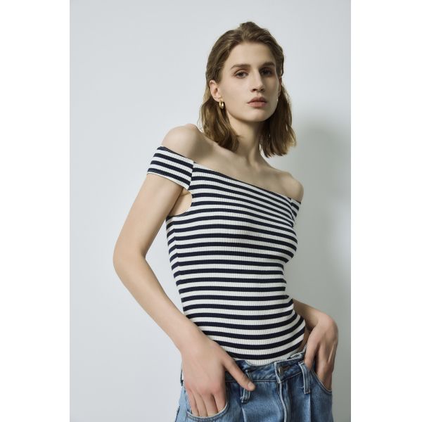 Navy White Striped Black Knitted Custom  Bodysuit Denim Jeans L Size