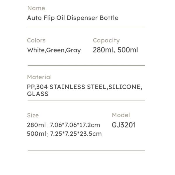 280ml 500ml Kitchen Glass Auto Flip Oil Dispenser Cooking Leakproof No Drip Stainless Steel Cap Oil Container Soy Sauce Bottle