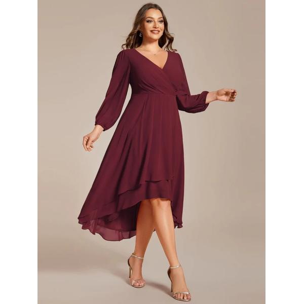 Plus Size Ruffled A-line Long Sleeve V-neck High Low Wedding Guest Navy Blue Chiffon Bridesmaid Dress