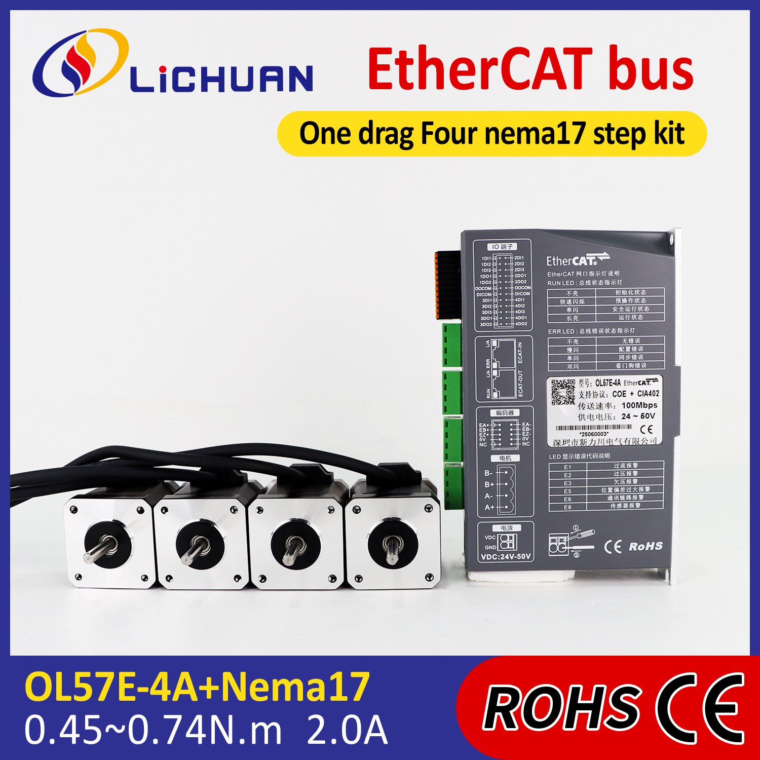 Lichuan 4A DC Open Loop Stepper Motor Drivers Kit EtherCAT 0.74N.m 2 Phase Nema17 DC24V～50V 2.0A