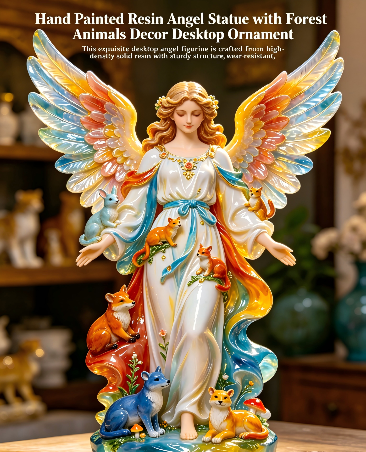 Hand Painted High-Density Solid Resin Angel Statue with Forest Animals Decor Desktop Ornament
