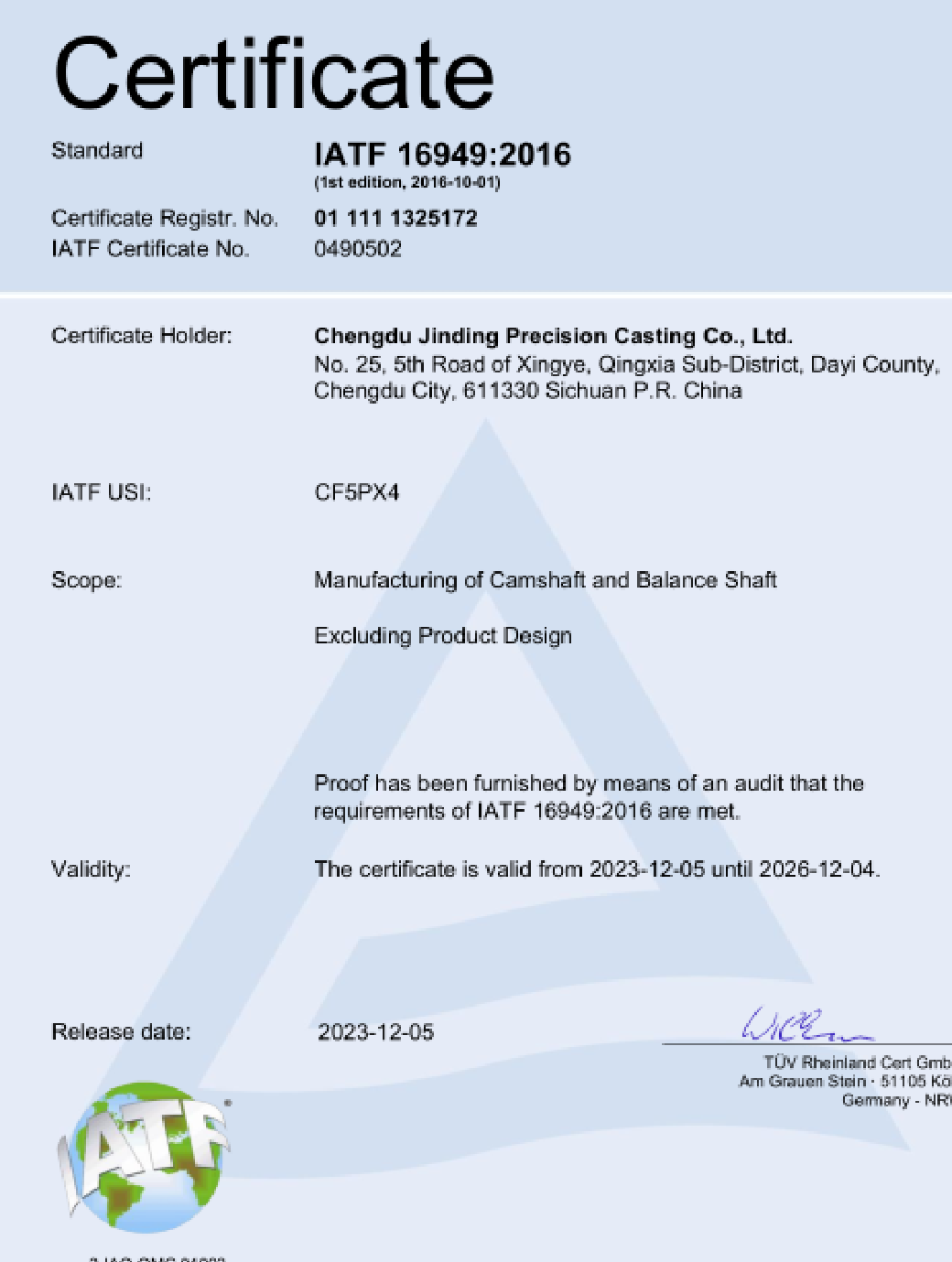 Chengdu Jinding Precision Casting Co., Ltd Certifications