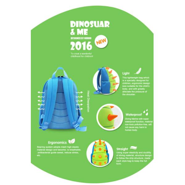 Durable 3D Cartoon Girls Dinosaur Backpack For 2 Year Old 32.5*24*19cm