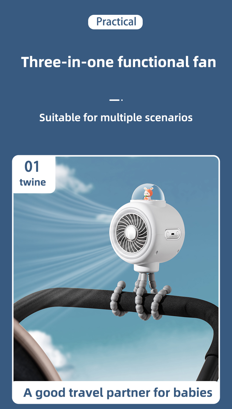 High Quality Octopus Pram USB Mini Rechargeable Outdoor Wireless Portable Stroller Clip Portable Baby Stroller Fan With Music