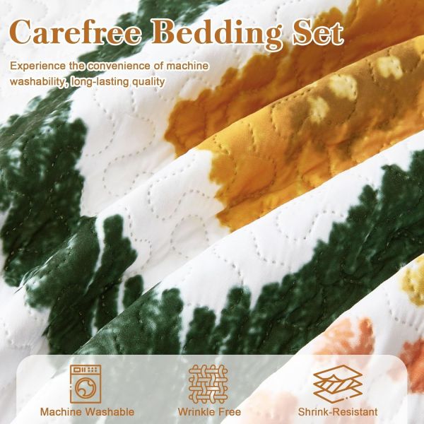 3-Piece Mid Century Modern Farmhouse Quilt Set with Botanical Print Reversible Bedspread Coverlet