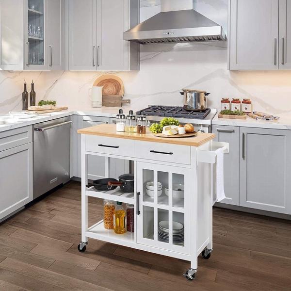 MDF Top Kitchen Island Trolley Cart With Open Storage Shelves Cabinets