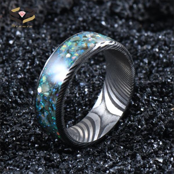 Anillo de boda para hombre de acero Damasco de 8 mm con incrustaciones de ópalo y concha coloridos