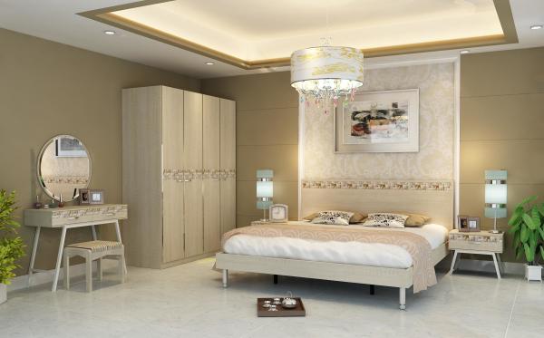 Light Walnut Color Simple Bedroom Sets Eco - Friendly MDF With Melamine Material