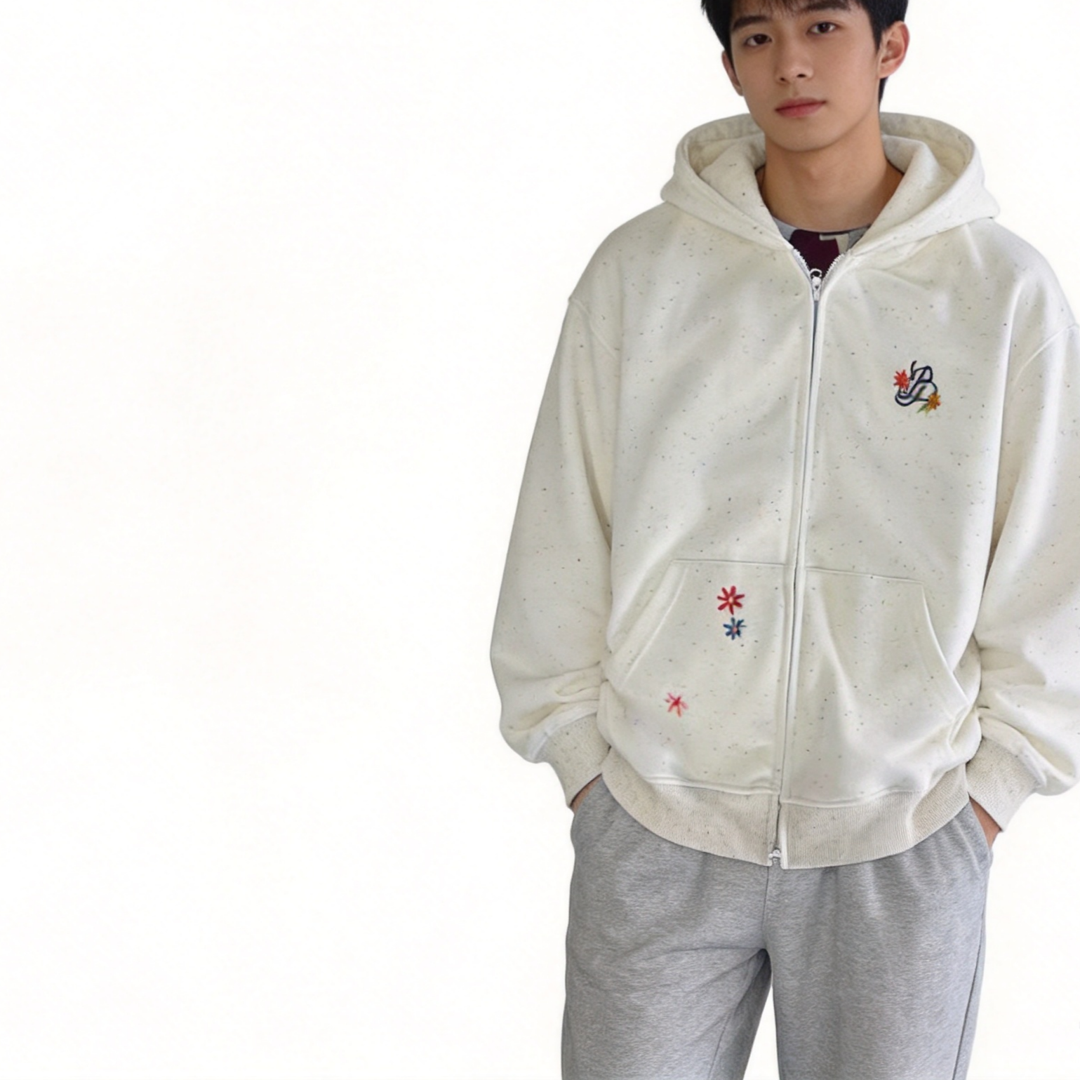 Heavy Terry Fleece Men's Heavyweight Hoodie Speckled Floral Embroidery Fleece Zip Up Jacket Oversized