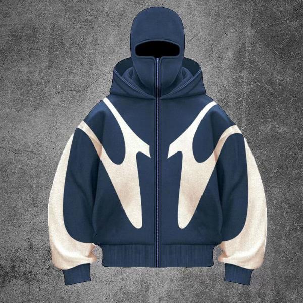 Heavy Cotton Mens Patchwork Hoodie Double Layered Masked Full Balaclava Zip Hoodies