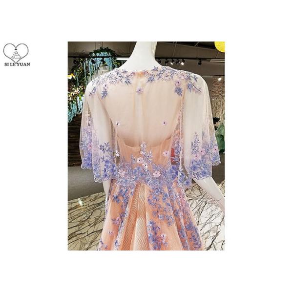 Backless Tailor Made Prom Dresses , Deep V Neck Floral Ball Gown Bat Wing Sleeve