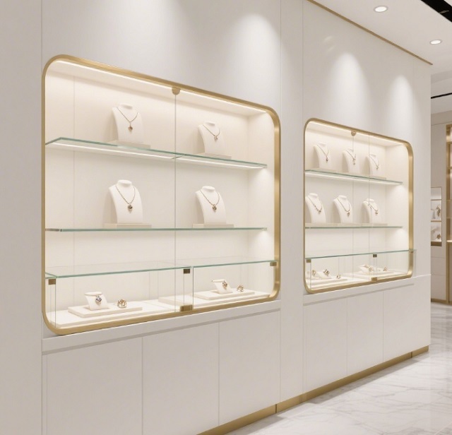Wall Mounted Jewelry Display Cabinet with LED Lighting Customized Solutions and Durable Easy Clean Design
