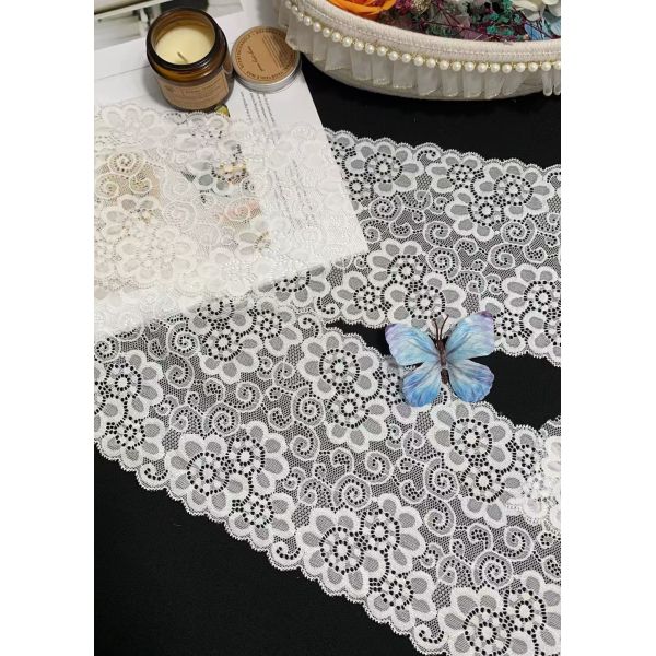 Retro European Floral Elastic Lace Trim with 15.5cm Width and Nylon/Spandex Blend for Women's Dresses