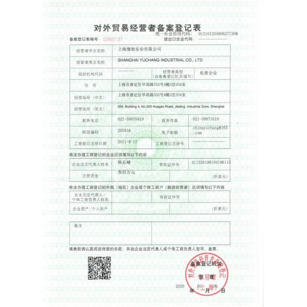 SHANGHAI YUCHANG INDUSTRIAL CO., LIMITED Сертификации