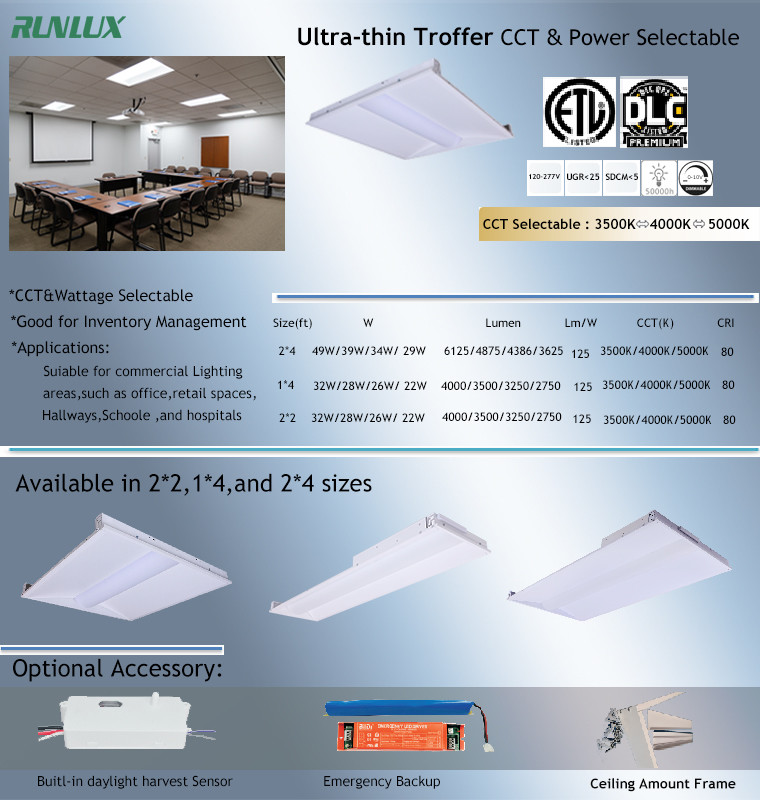 30x120 LED Troffer Light Panel 3 Color Temperature and 4 power 26W 32W in one fixture