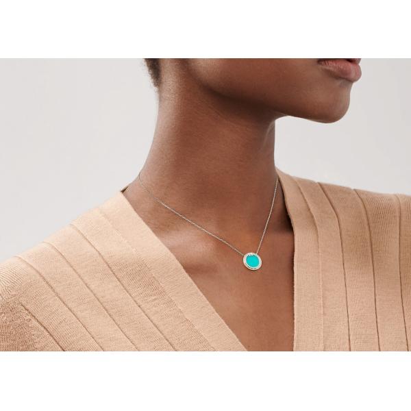 18k White Gold Diamond And Turquoise Circle Pendant with 16-18inch Chain