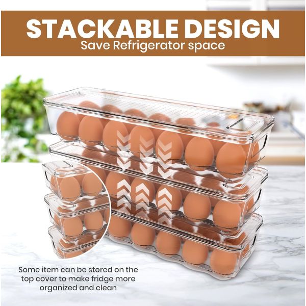 Home Egg Container With Lid And Handle For Refrigerator Organization- Pack Of 2 - Clear Stackable Egg Holder For Kitchen Or Pantry Organizers And Storage