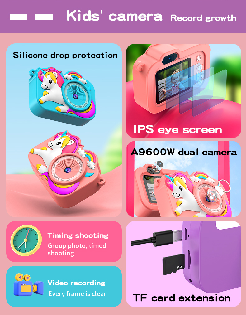 DLC Kids Camera Unicorn Design Plastic & ABS Case | Dual Camera CCD MicroSD <2