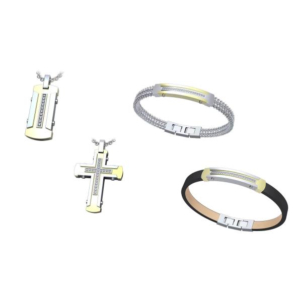 Moda Joyería de acero inoxidable Conjunto de collar de cruz para hombres Conjunto de brazalete de enlace de colgante