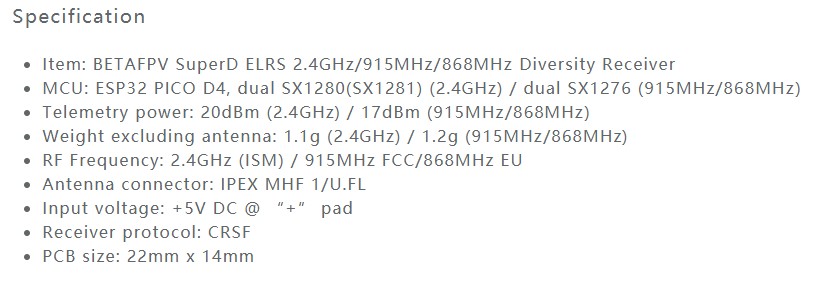 BETAFPV SuperD ELRS Diversity Receiver 2.4G/918MHz/868 For Drones Accessories
