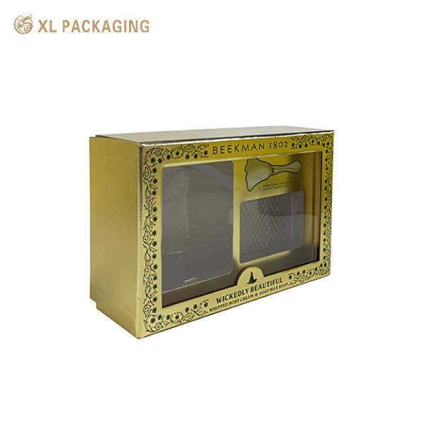 Custom Gold Rigid Two-Piece Gift Box With PET Window, 2mm Grey Board Skincare Set Packaging Box For Body Lotion Soap With PET Insert