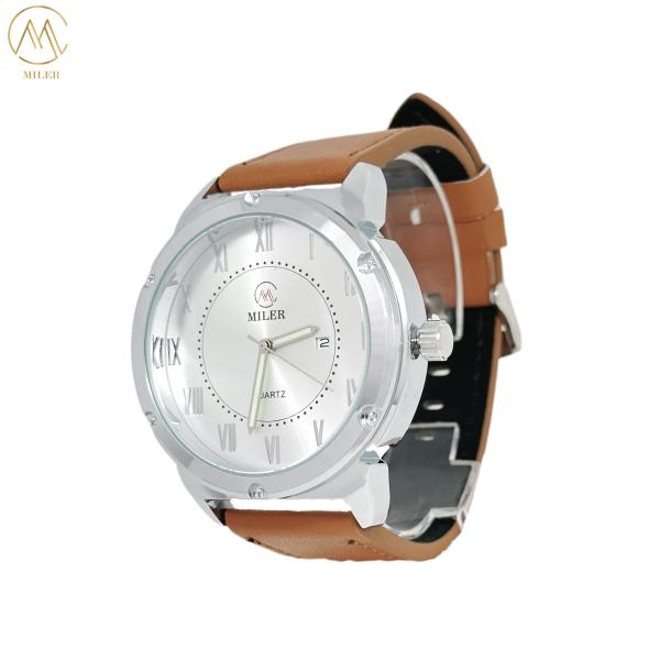 Vente à chaud alliage blanc métal noir quartz montre à mouvement avec sangle en cuir