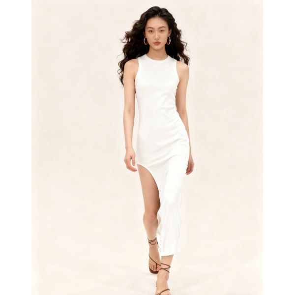 Women's Ribbed Sleeveless Midi Dress with High Side Slit - Red/White/Black/Brown