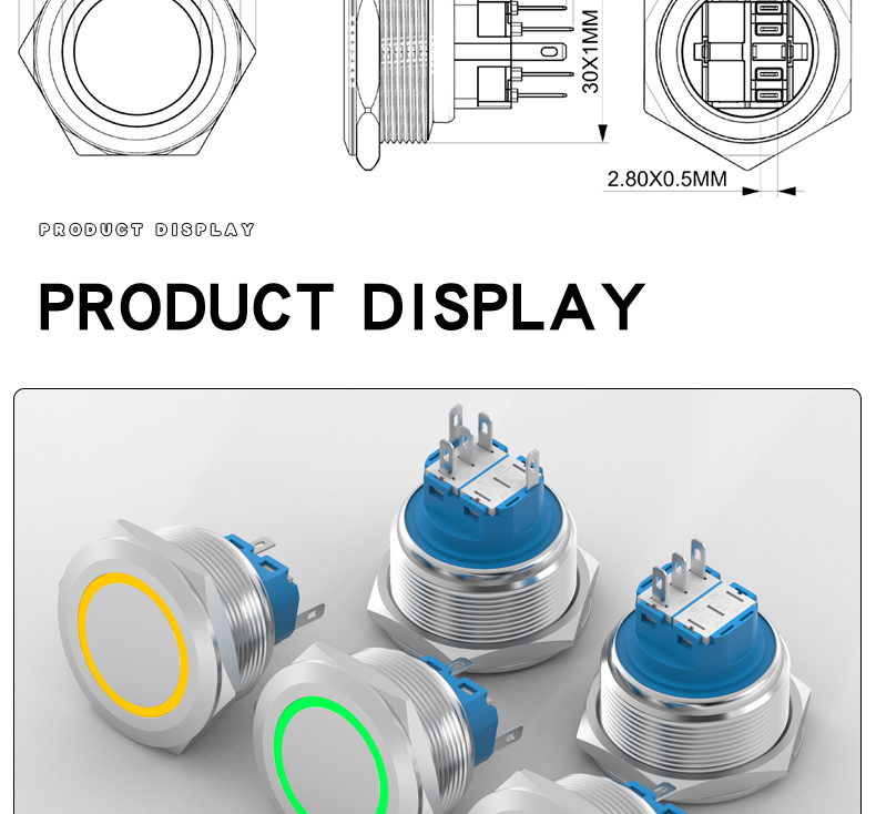 30mm metal push button switch, self-locking reset, with light ring, stainless steel start-stop button