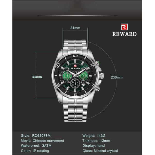 REWARD Quartz Mens Stainless Steel Watches , Analog Sports Wrist Watch Alloy Case